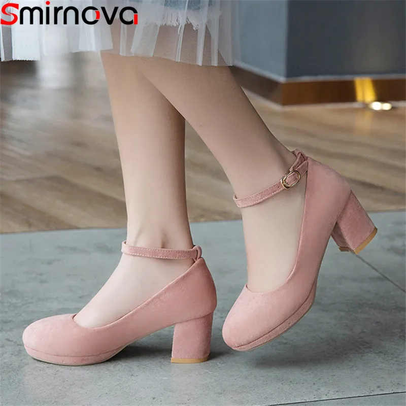 

Smirnova 2020 new arrival women pumps flock round toe high heels shoes buckle classic spring summer party wedding shoes woman