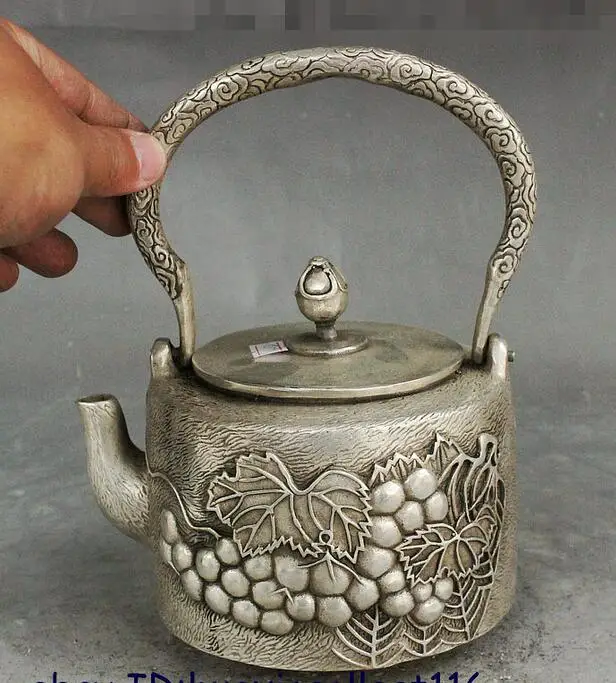 8 &quotнародный сбор Китайский серебряный резной виноградной статуи чайный горшок