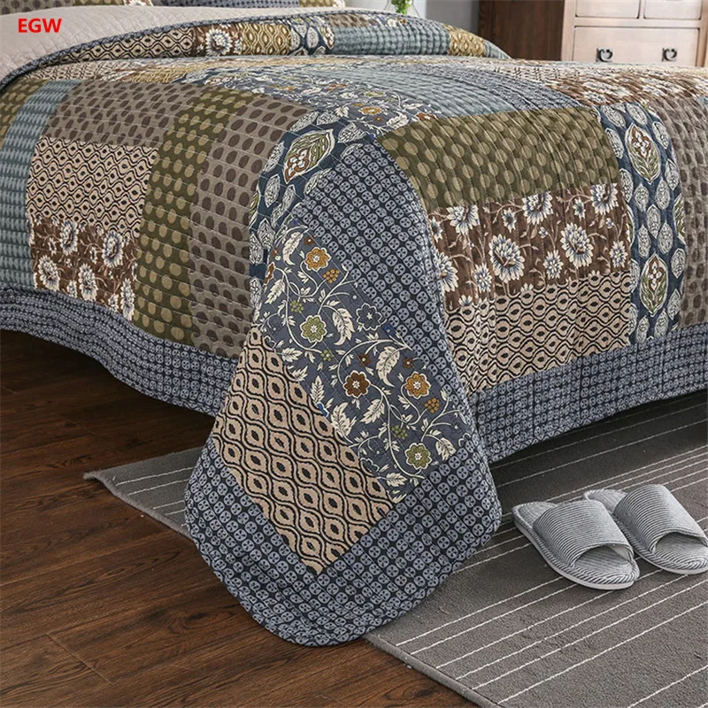 

3pcs American Style Gray Quilt Set Flower Patchwork Bed Cover 100%Cotton 250*270cm Quilted Bedspread Home Textile High Quality