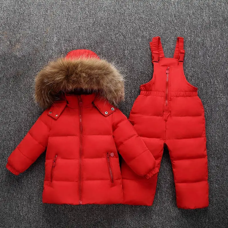 Red Одежда для девочек и мальчиков детские куртки с капюшоном+ комбинезон, штаны детская одежда на утином пуху плотная верхняя одежда с мехом енота, костюм детская одежда - Цвет: Red