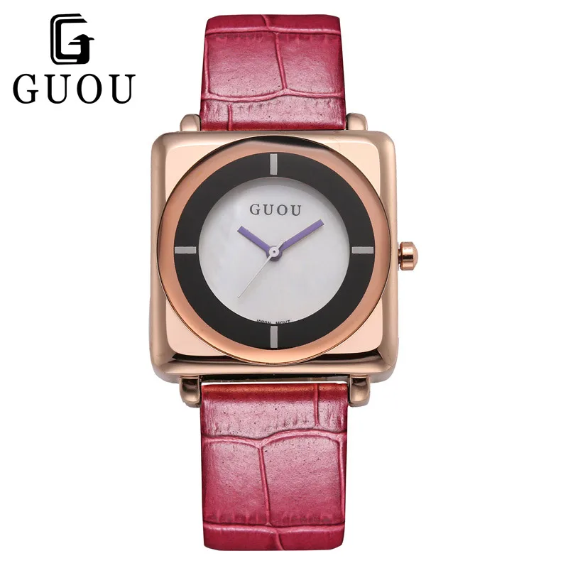 GUOU Square Dial Wrist Watches for Women Fashion Casual Dress Simple Leather Quartz Ladies Wristwatch Clock zegarki damski Black | Наручные