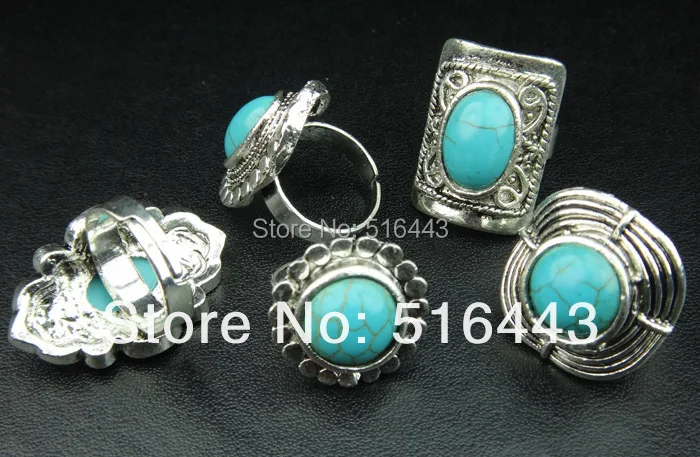 Женские и мужские винтажные кольца регулируемые с бирюзой серебряным покрытием