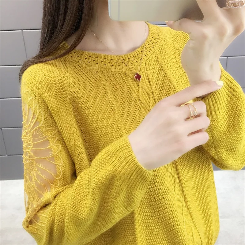 2020 (had 1 ranked no. 3) spring new round collar sweater clip bright silk raglan sleeve lace embroidery ladies' 44 | Женская одежда