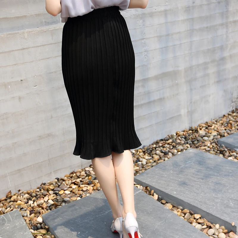 Модная плиссированная Черная Юбка До Колена Женская однотонная тонкая шифоновая
