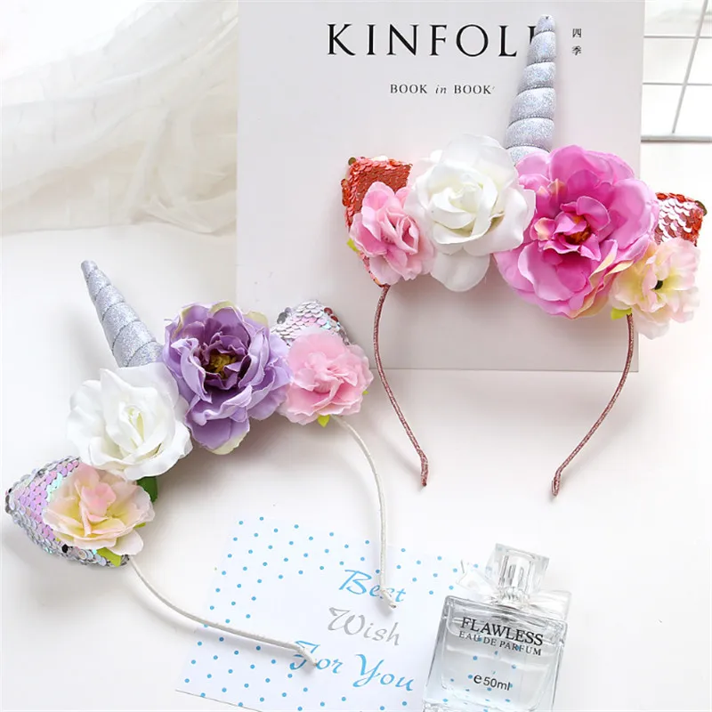 5 шт./лот милые детские повязки для волос с рогами единорога цветы повязка на