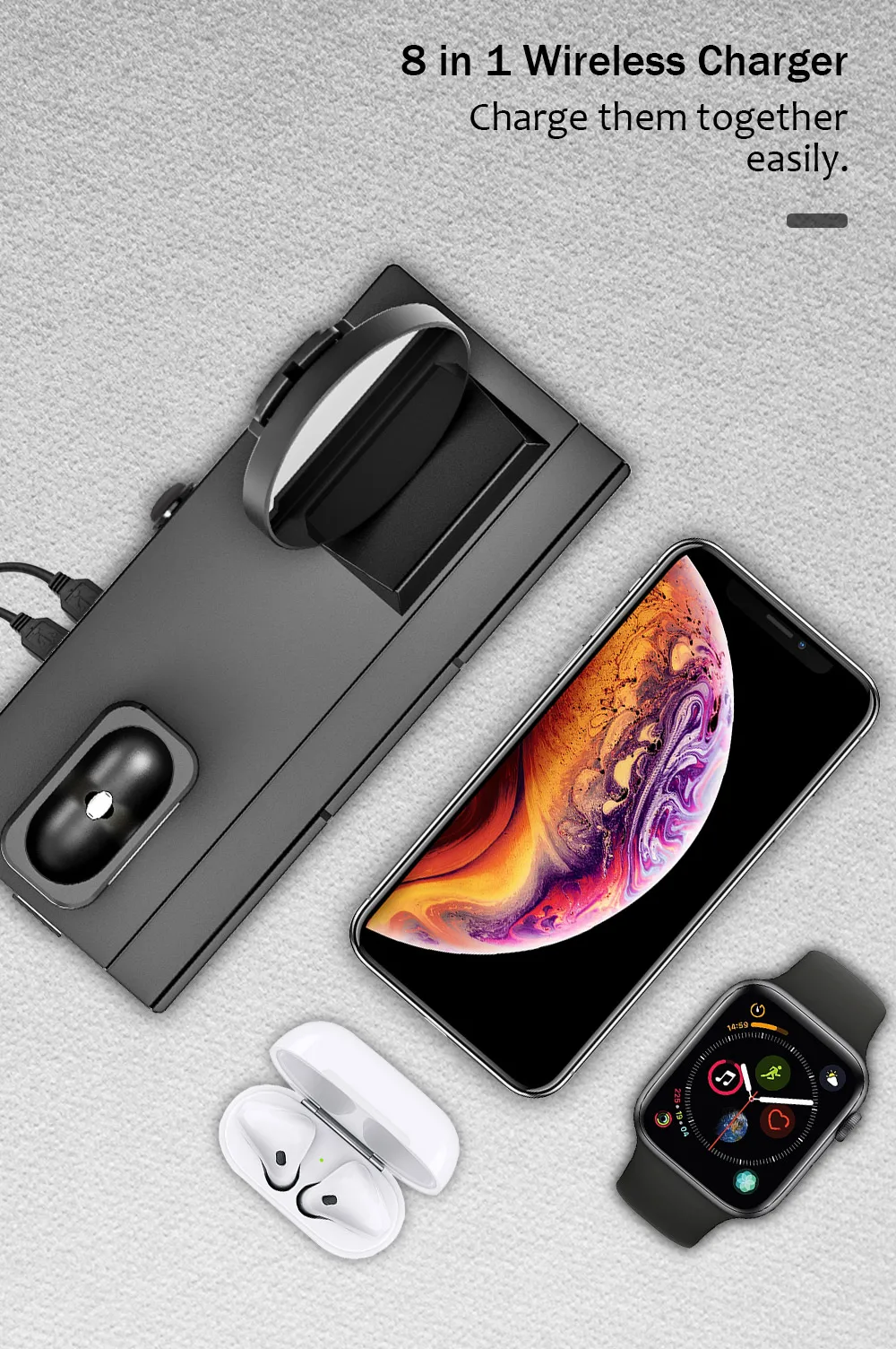 8 в 1 10 Вт QI Беспроводная зарядная станция для iPhone XR XS Max Airpods Apple Watch 4 3 быстрая зарядная док-станция Apple для samsung