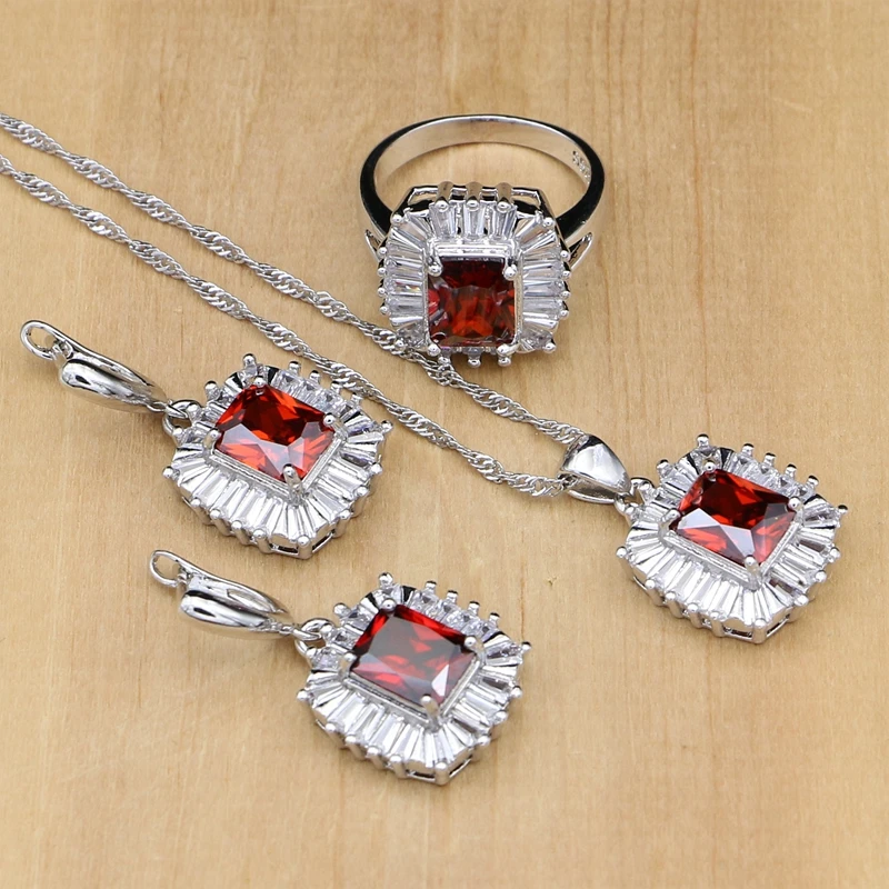 925 Дубай Серебряные Ювелирные наборы красный циркон белый кристалл для женщин