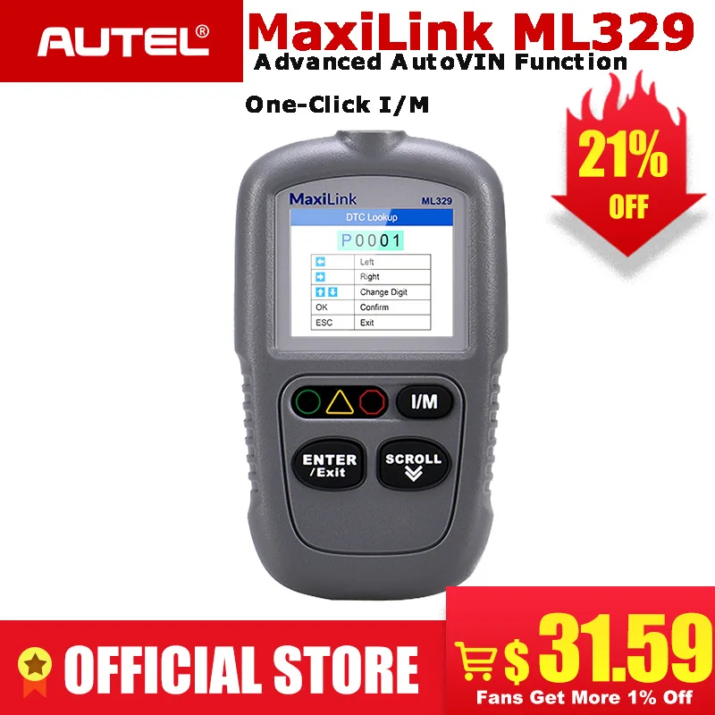 Autel MaxiLink ML329 читатель кода одним нажатием кнопки I/м Readiness для быстрого просмотра мониторов системы ключ AutoVIN Функция автомобильной Автомобильная диагностика obd-ii инструмент OBD2 сканер