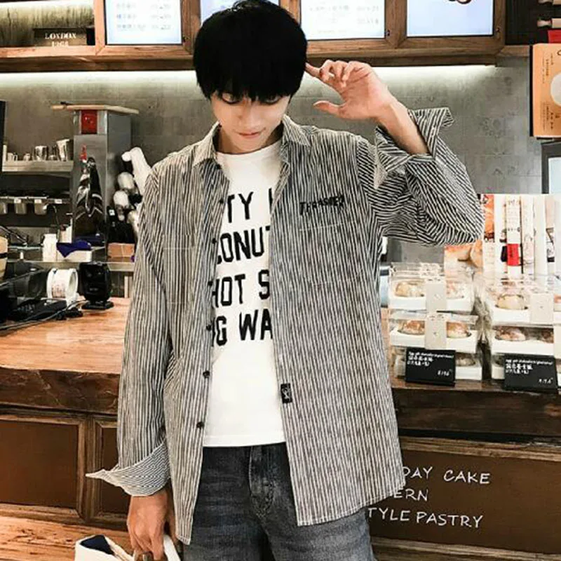 Мужские полосатые повседневные однобортные рубашки с длинным рукавом Camisa