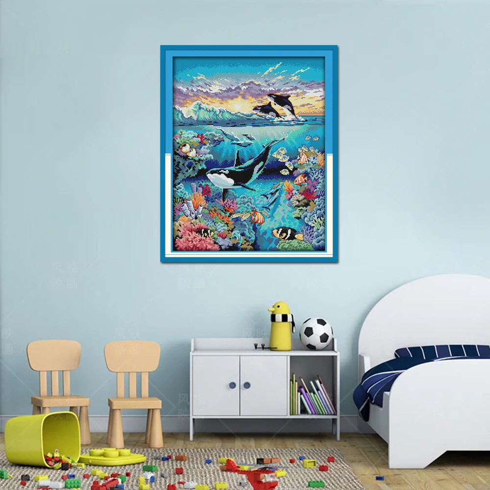 Joy Sunday, морской дельфин, вышивка крестиком D653 14CT 11CT, штампованные и счетные украшения для дома, подводный мир, животные, наборы крестиков