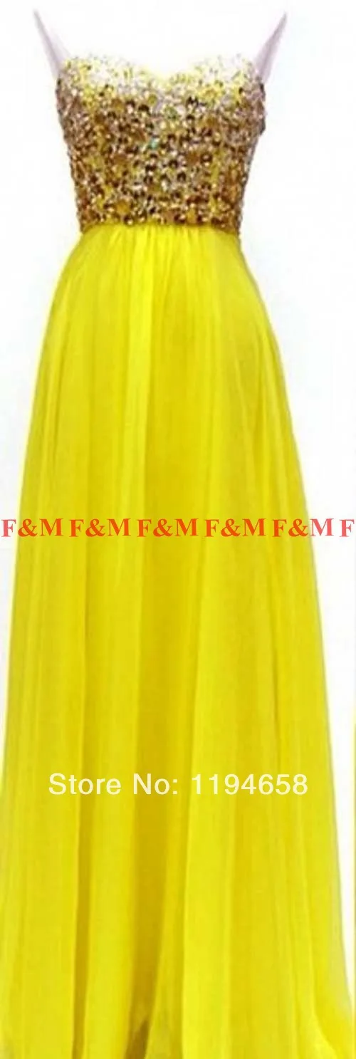 2014 New Fashion Elegant Chiffon Sweetheart Beaded Floor Length Evening Dress Long Yellow Prom With Open Back F&ampM958 | Свадьбы и