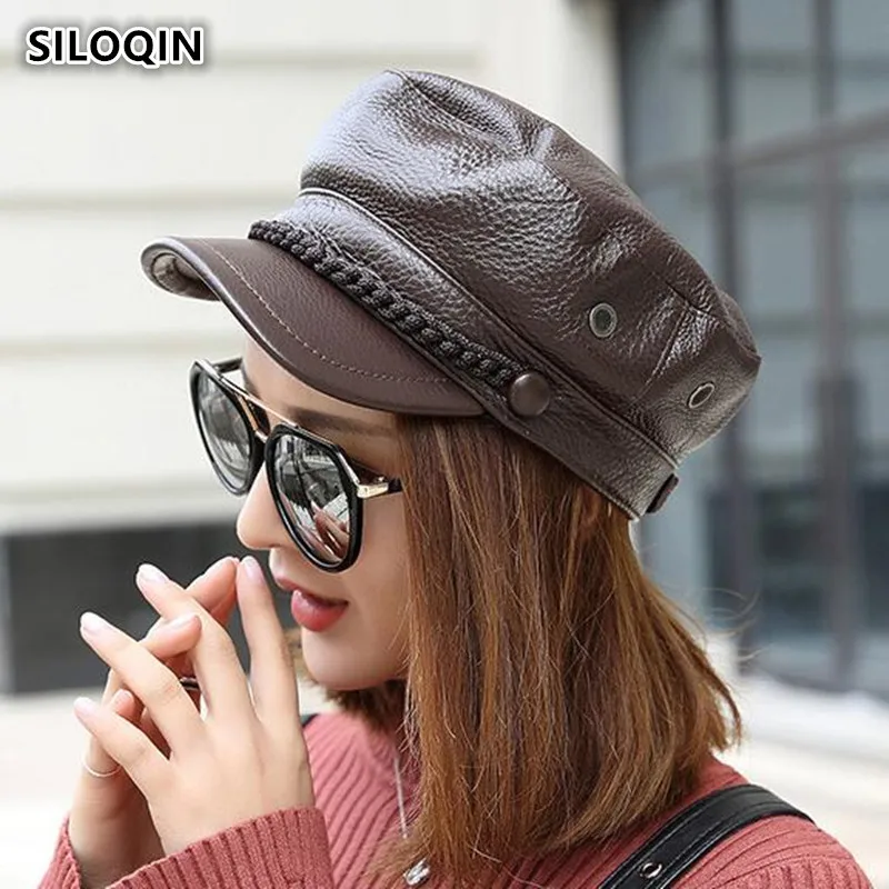 

SILOQIN Winter Genuine Leather Hat New Trendy Fashion Cowhide Warm Military Hats For Men And Women Brands Snapback Flat Top Cap