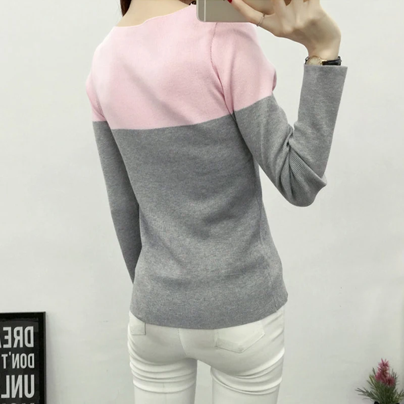 2018 Spring And Autumn Winter Women's Sweater Long-sleeved Splicing Word Collar Pullover Soft Warm Short Section Fashion | Женская