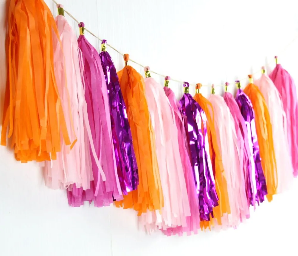 Розовая оранжевая папиросная Бумажная гирлянда с кисточками для