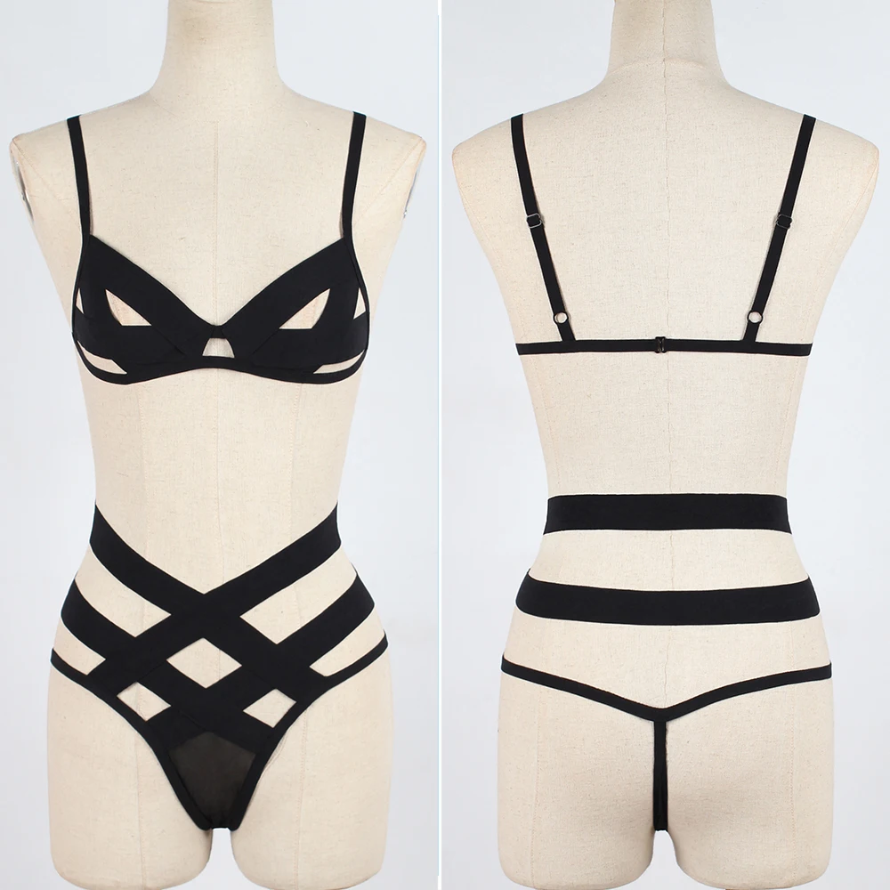 Сексуальный женский кружевной бандажный комплект Babydoll, женский бюстгальтер+ стринги, комплект нижнего белья на бретелях, черное ночное белье, пижама, костюм S | M | L | XL