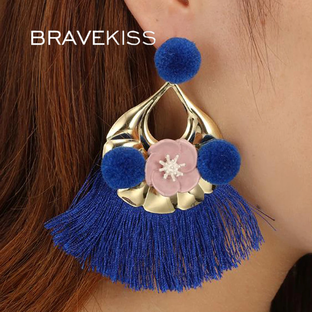 BRAVEKISS Богемия сектора плюшевые кисточкой мотаться серьги Boho Большой падение