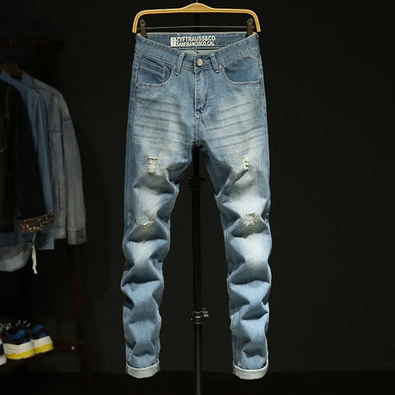 Slim Man Jeans Vintage Stonewash Ripped Jeans Men Brand Quality Stretch Denim Trousers Streetwear Black Blue