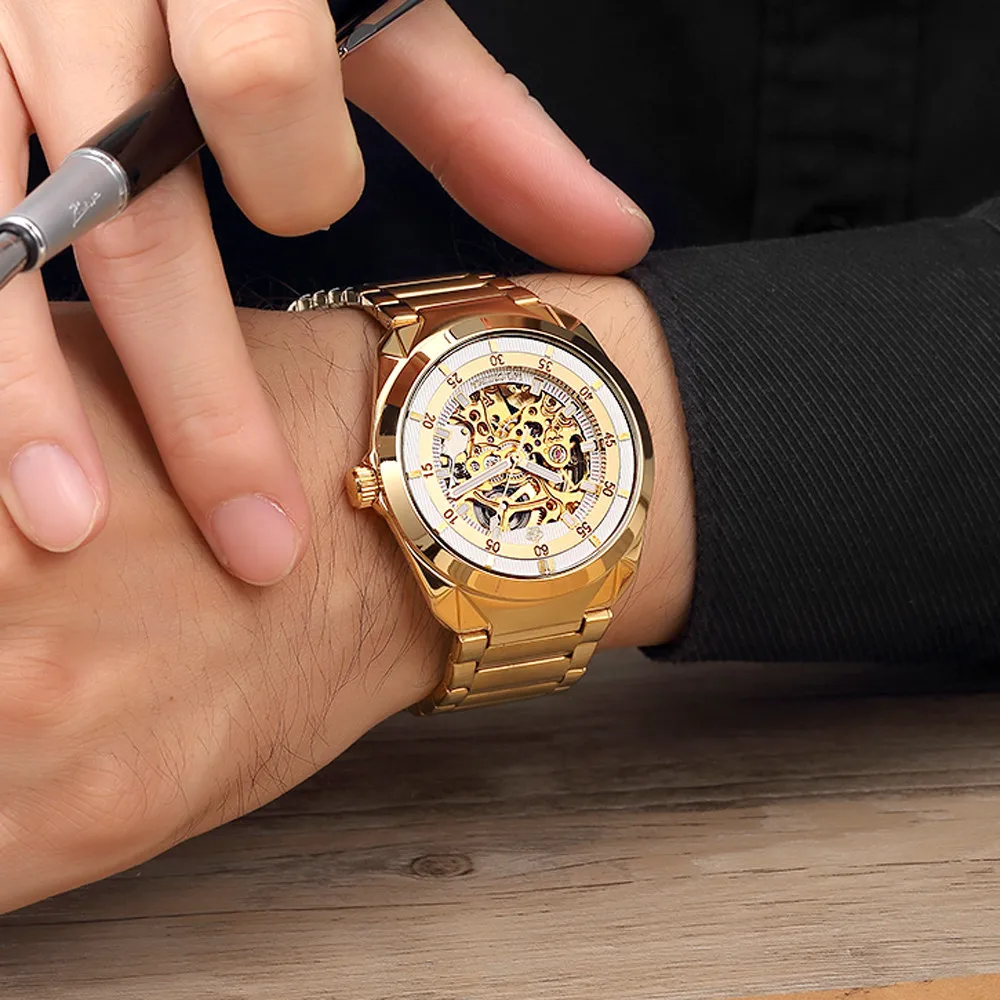 Мужские автоматические часы ORKINA механические золотого цвета с футляром в стиле