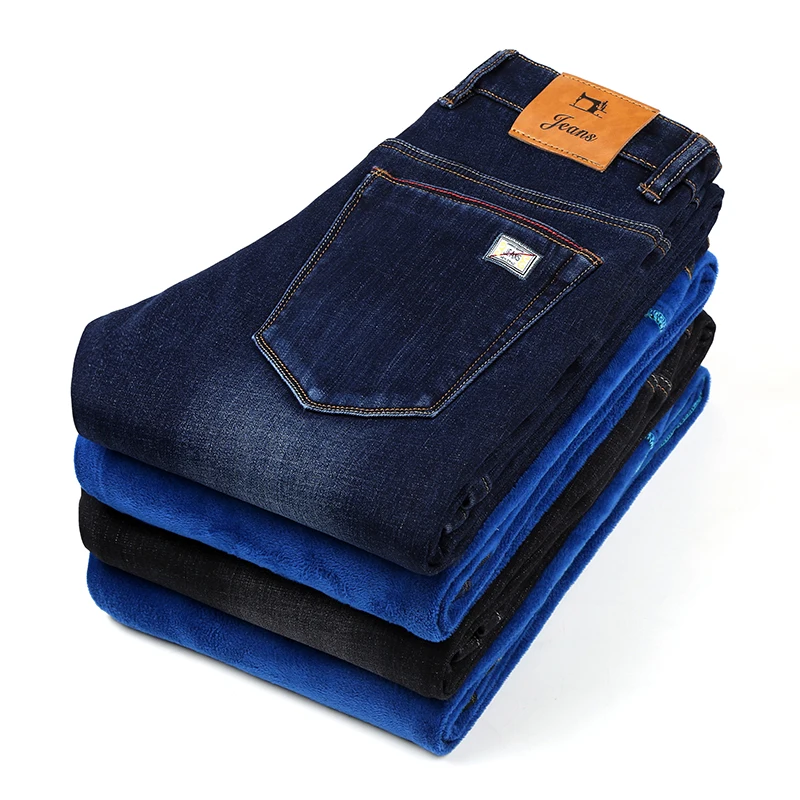 2018 Mens Winter Blue Fleece Jeans Lined Stretch Warm Designer Black Casual Trousers Male Pants Plus size 42 | Мужская одежда