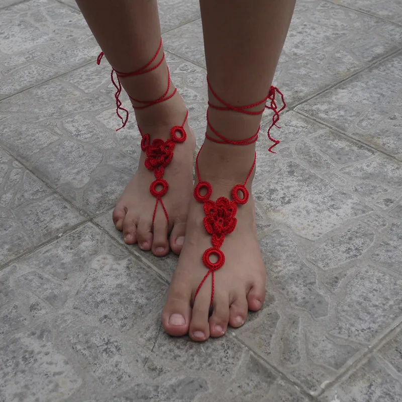 Шелковые крючком Босиком Сандалии для девочек ню обувь ноги Пляж Свадебные