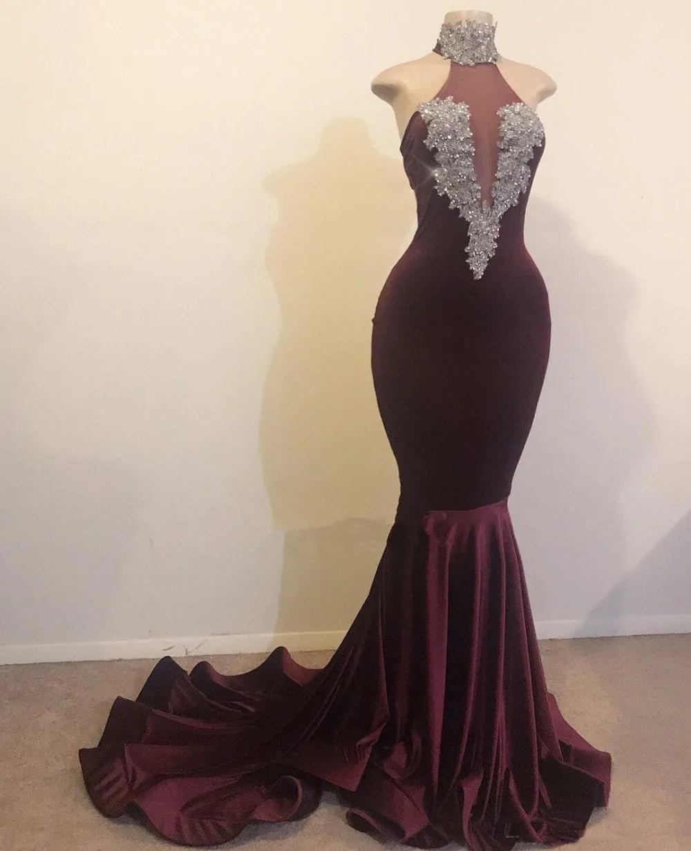 2019 Halter Velvet Mermaid Long Prom Dresses Illusion Lace Applique Beaded Sweep Train Evening Gowns Vestidos De Festa | Свадьбы и