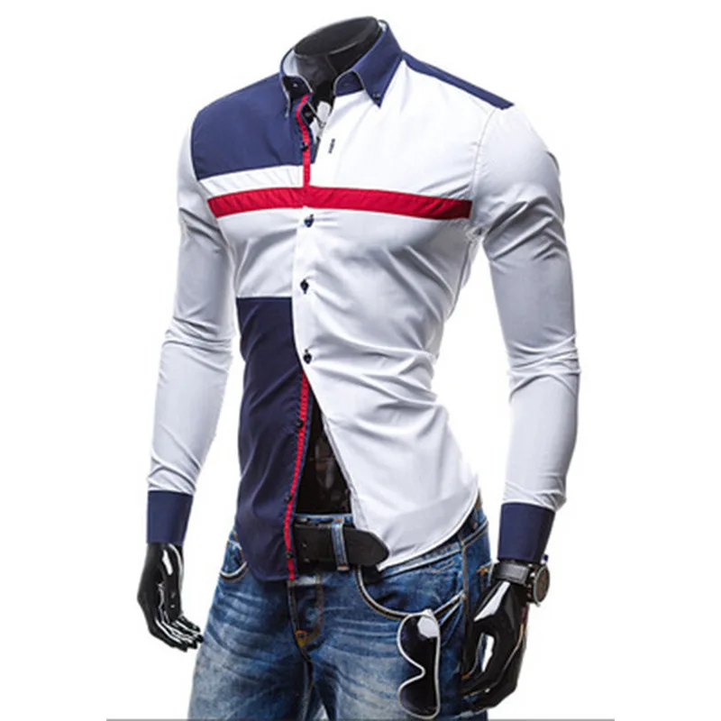 

2019 new European and American Casual long-sleeved shirt Slim men's double hit color fashion shirt models XL XXL