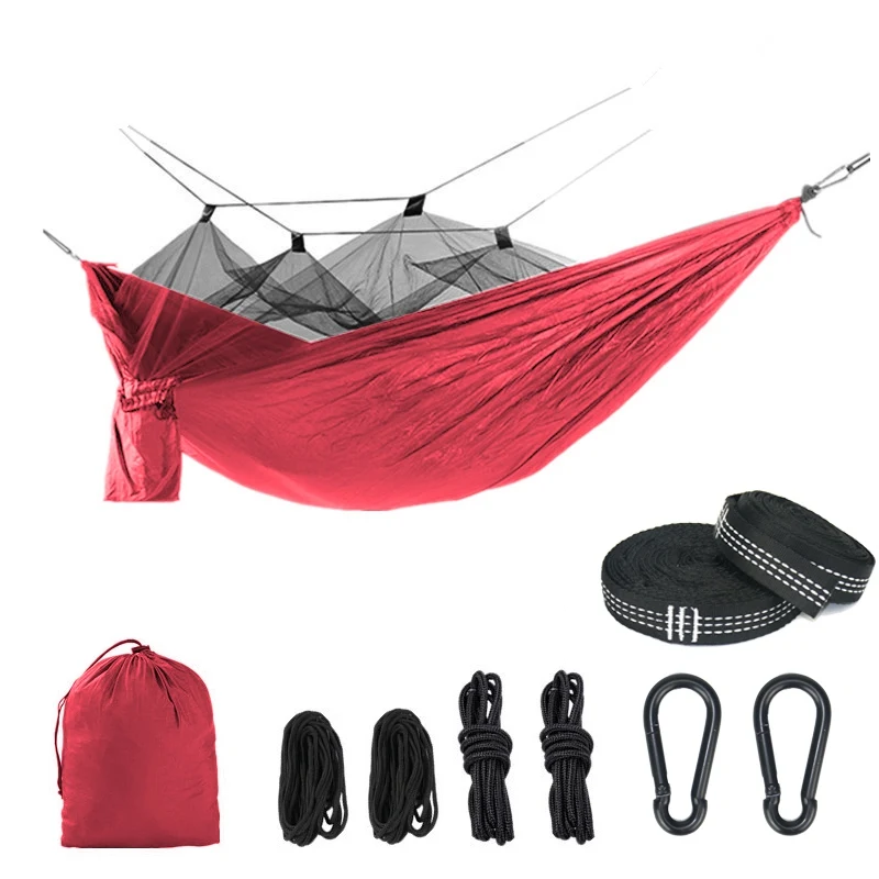 red Single Person Portable Outdoor Camping Hammock With Mosquito Net 8pc accessories Adult Sleeping Bed Picnic Hanging Bed Hammock - Цвет: red
