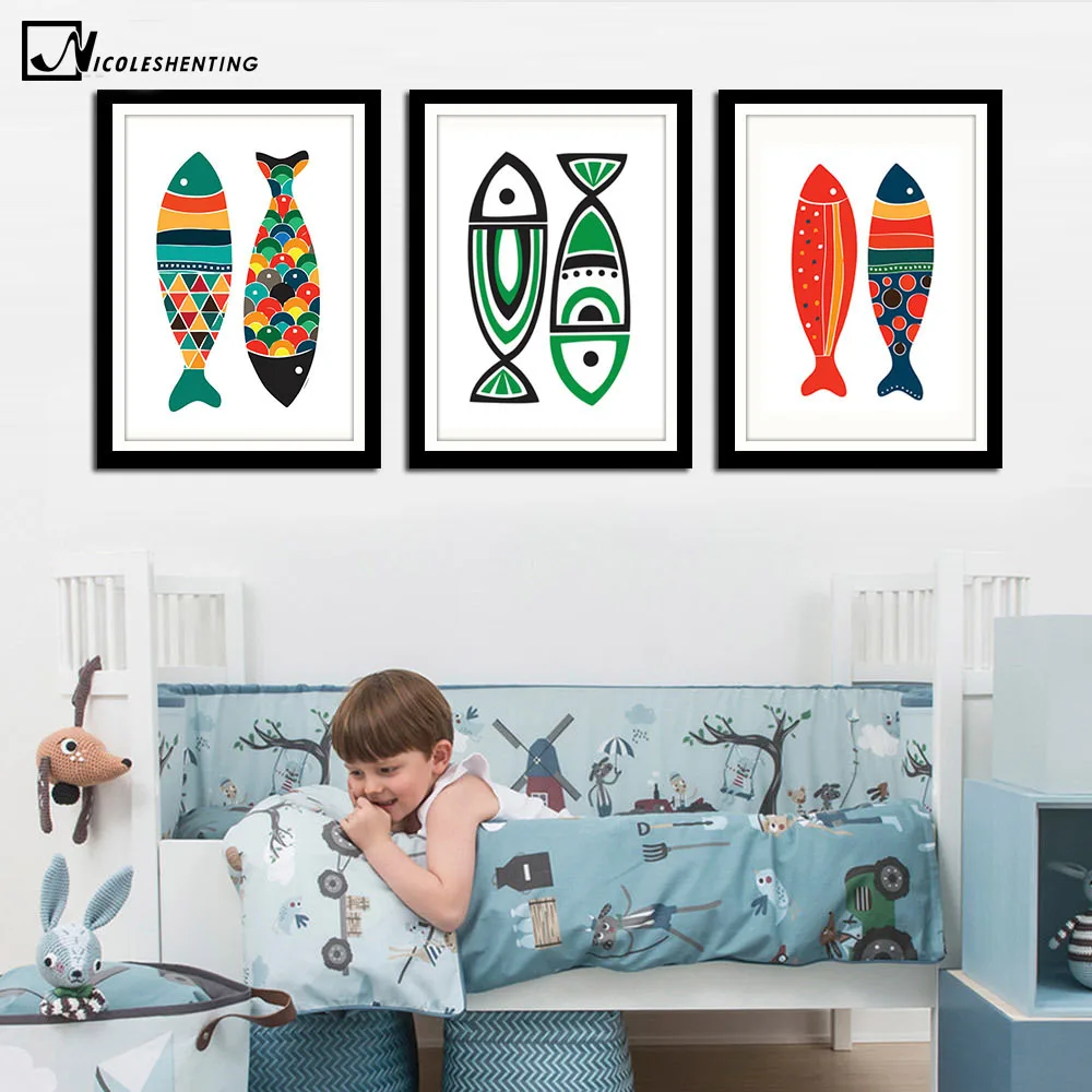 Скандинавское искусство красочные рыбки Холст плакат минимализм Живопись