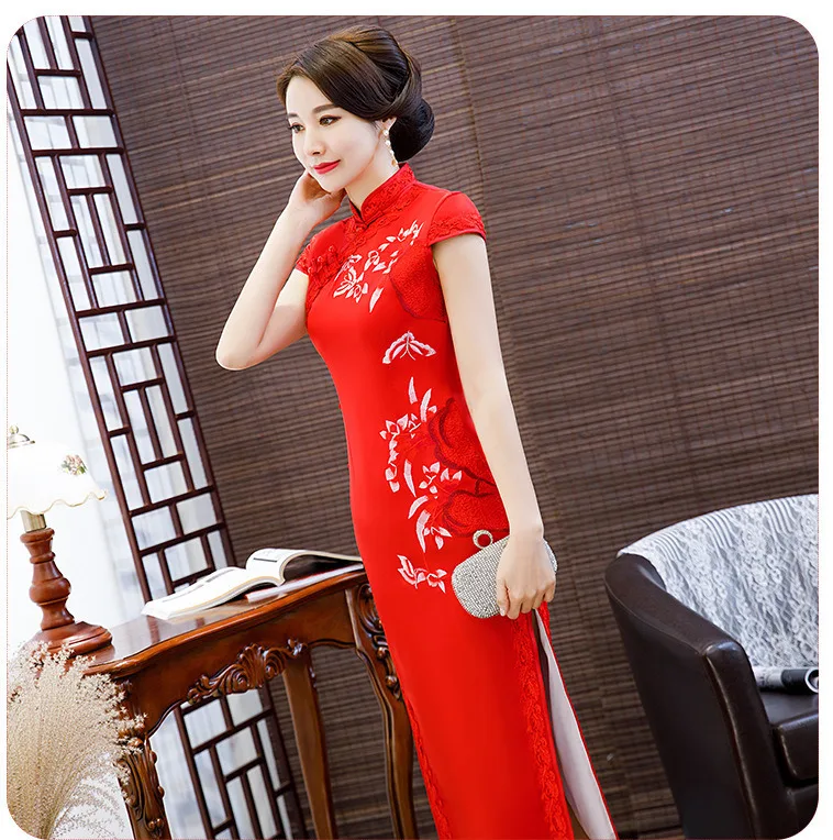 Sheng Coco размера плюс Королевский синий китайский шелк Qipao атлас Cheongsam платья Длинные Кружева Окаймленный воротник Qipao 4XL вышитые цветы