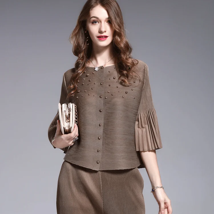 Changpleat, дизайнерское Женское пальто с бусинами, плиссированное,, летнее, свободное, тонкое, одноцветное, с рукавом 3/4, короткая женская куртка размера плюс, верхняя одежда