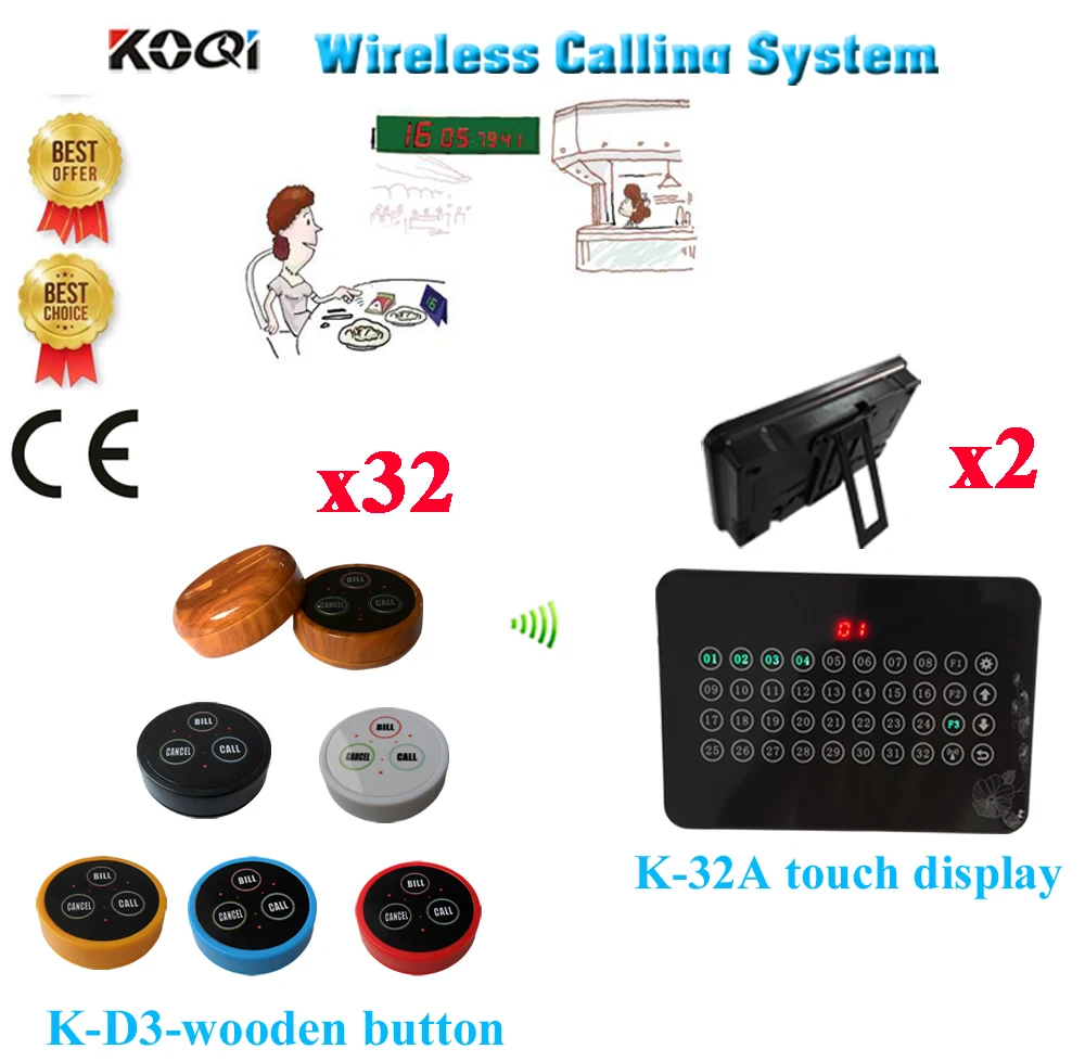 Table Buzzer Bell System 433.92MHZ Long Range Restaurant Wireless Table Call Waiter Buzzer Full Set(2 display+32 call button)
