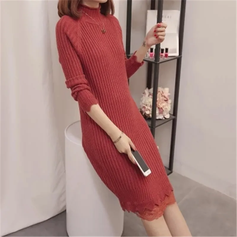 Зима 2018 облегающее длинное платье-свитер Женский пуловер с высоким воротником