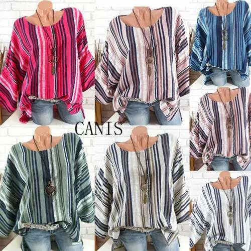 Женские стильные полосатые топы с круглым вырезом хлопковая льняная мешковатая