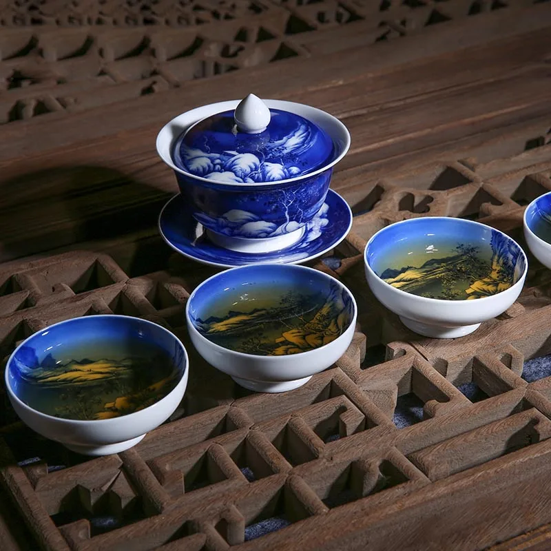 

Jingdezhen Blue and White Porcelain Boutique Collection Landscape Kung Fu Tea Set Ceramic Gaiwan Tea Maker Teapot Teacup Bowl