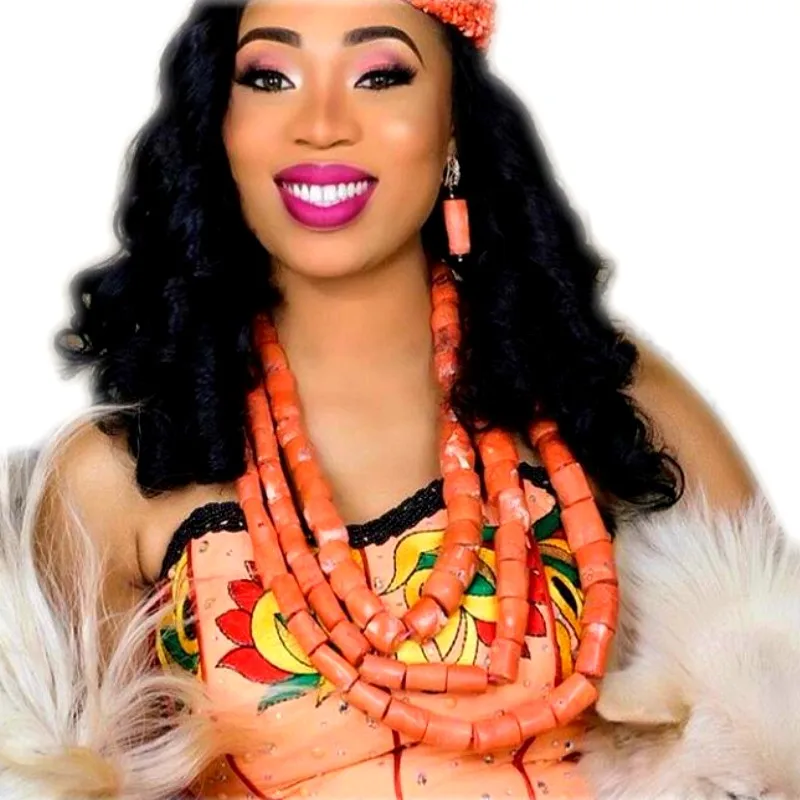Bracelet Earrings Necklace Set African Nature Coral Beads Jewelry Sets For Women With Gold Balls 3 Layers Bridal Jewellery | Украшения и