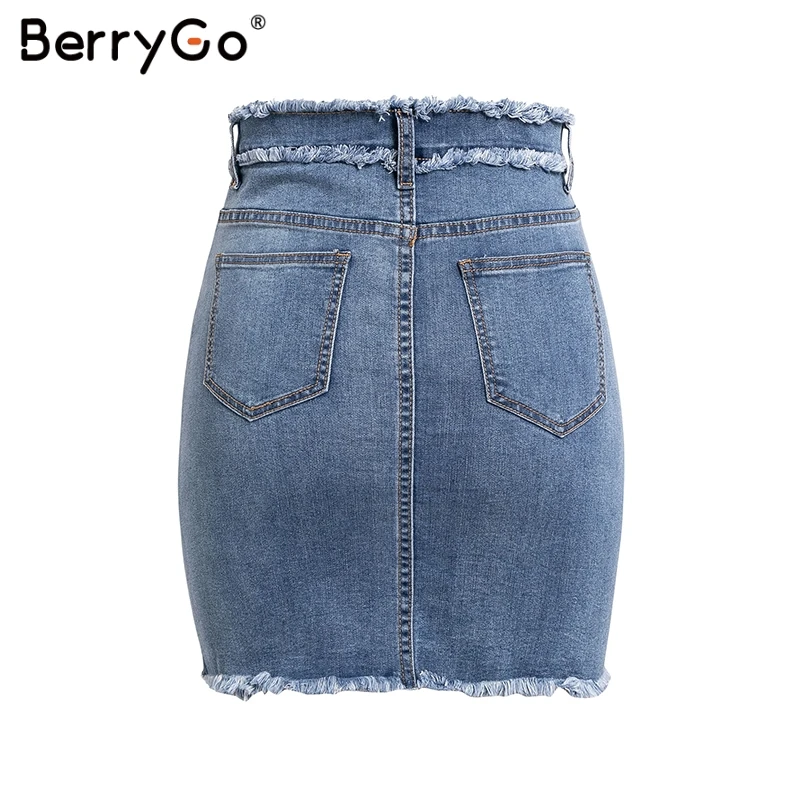 BerryGo, сексуальные джинсовые юбки-карандаш, Женская юбка с кисточками, высокая талия, облегающая мини-юбка, женская уличная одежда, джинсы, летние юбки