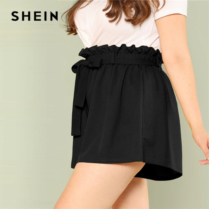 SHEIN, шорты размера плюс, одноцветные, бумажный мешок, талия,, женские, летние, элегантные, свободные, плиссированные, для офиса, широкие, с поясом