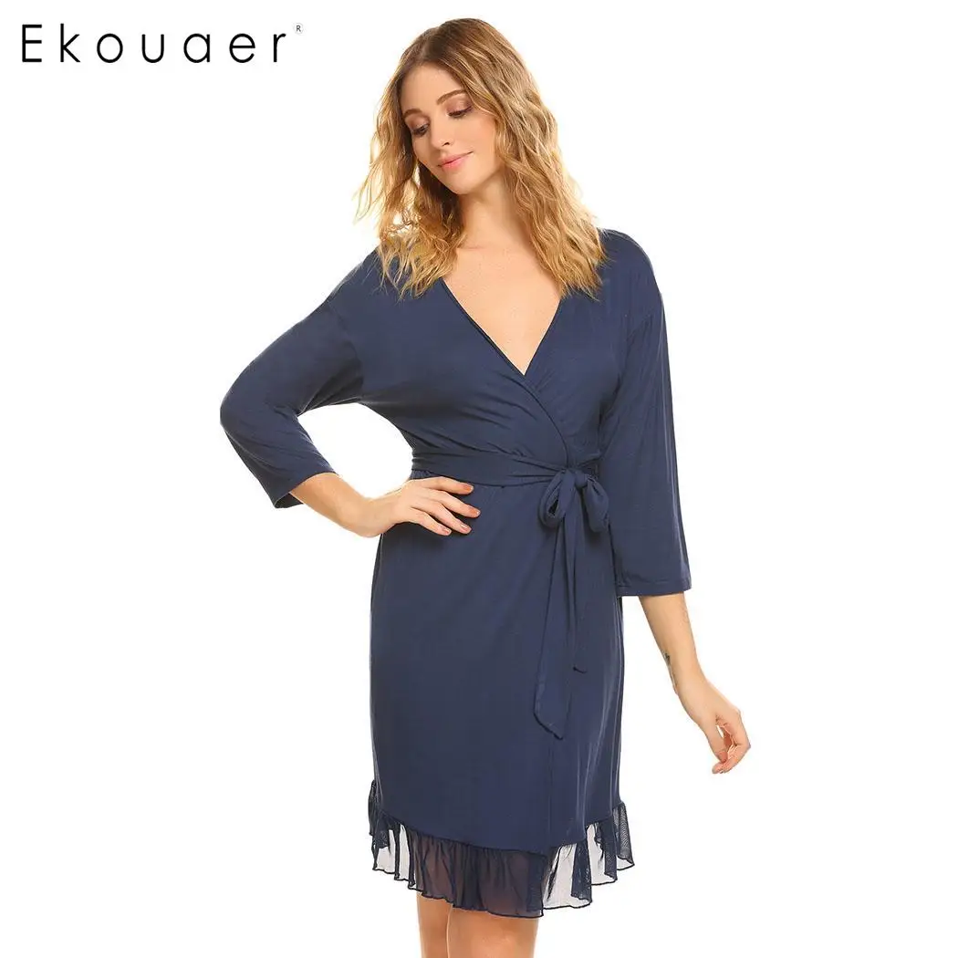 dark blue Ekouaer Для женщин Ночное кимоно халат сексуальное женское белье твердые v-образным вырезом 3/4 рукавом сетки лоскутное спа Халат пижамы Халаты Femme - Цвет: dark blue