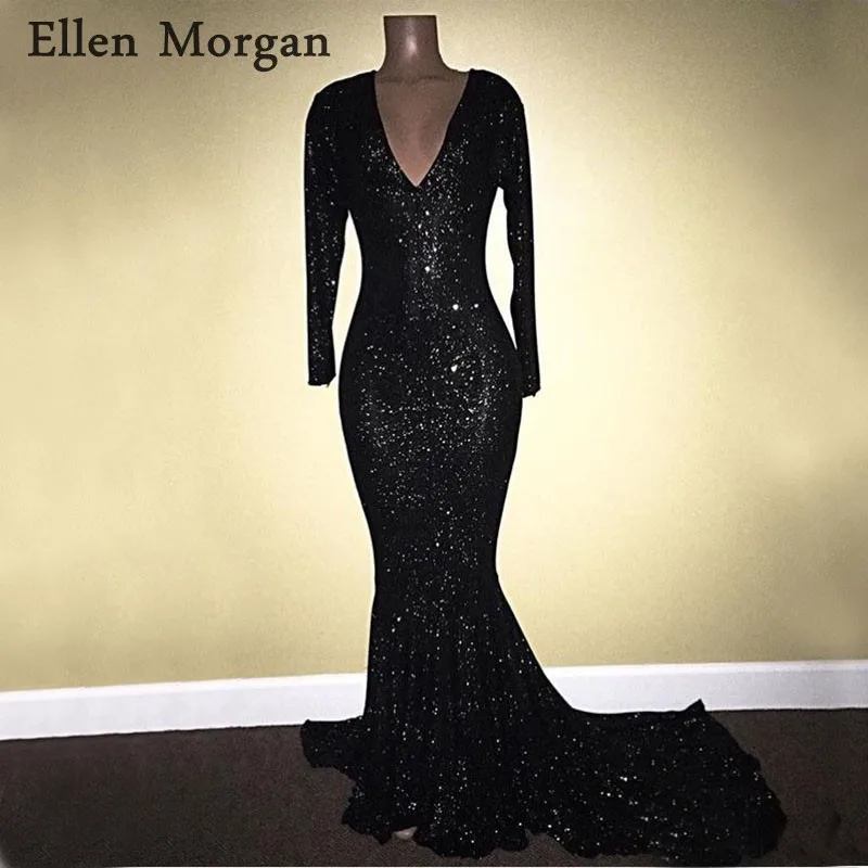 Long Sleeves Sequined Mermaid Prom Dresses 2019 for African Black Girls V Neck Zipper Vestido De Festa Party Gowns | Свадьбы и