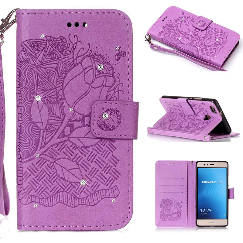 Бумажник кожи сальто case для huawei p8 p9 lite 2017 крышка P8lite P9lite Алмазный Блеск Bling Цветок