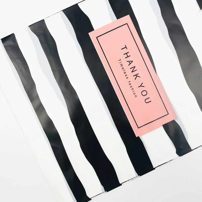 Pink Black Thank You 20x30cm Black White Stripes Plastic Handles Bag Plastic Boutique Jewelry Gift Bags With Handle 50pcs