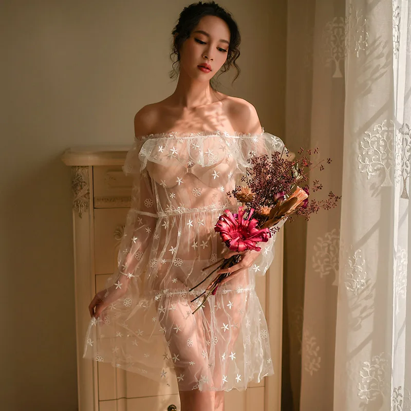 Sexy erotic lingerie womans perspective print pajamas cute loose nightdress suit with T pants