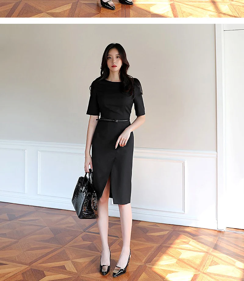 2019 весенние корейские модные платья с круглым вырезом и коротким рукавом