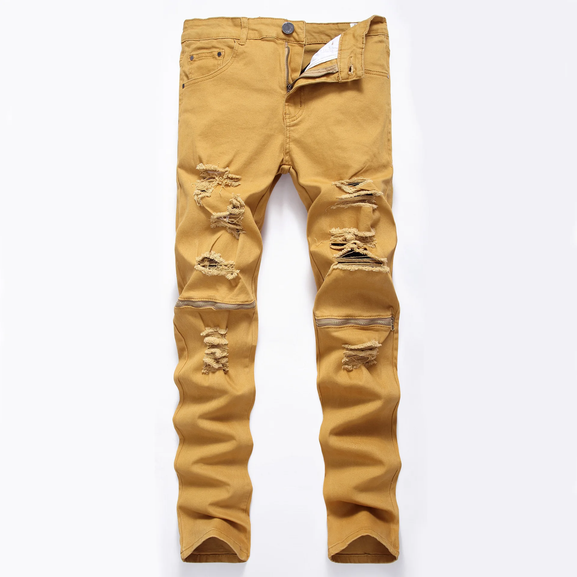 

New Fashion Men Ripped Designer Jeans Pants Slim Fit Knee Zipper red Jeans Men Club Wear Bright Color Denim Jogger