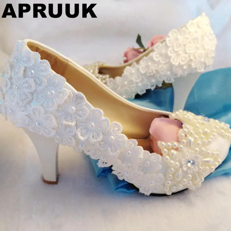 

Sweet beading stars ivory wedding shoes women handmade lace flowers pearls bridal brides pumps shoes newest coming!