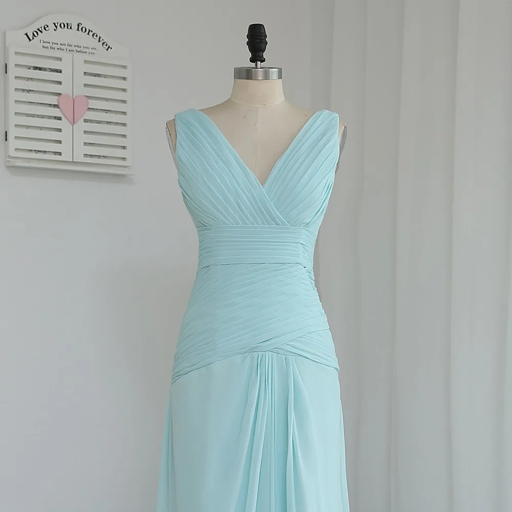 

Mint Green Cheap Bridesmaid Dresses Under 50 A-line V-neck Floor Length Chiffon Wedding Party Dresses