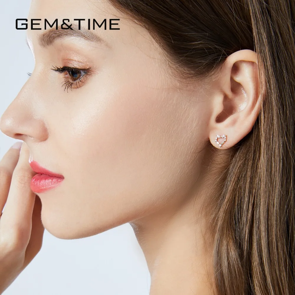 Gem& Time Love Heart, настоящее ТВЕРДОЕ ЗОЛОТО 14 к, серьги-гвоздики для женщин, для свадьбы, помолвки, хорошее ювелирное изделие из желтого золота AU585 Brincos E14116