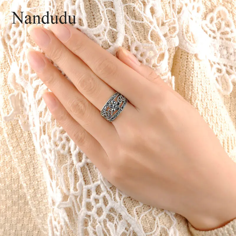 Nandudu классическое черное серое кольцо с кристаллами Ретро полый дизайн