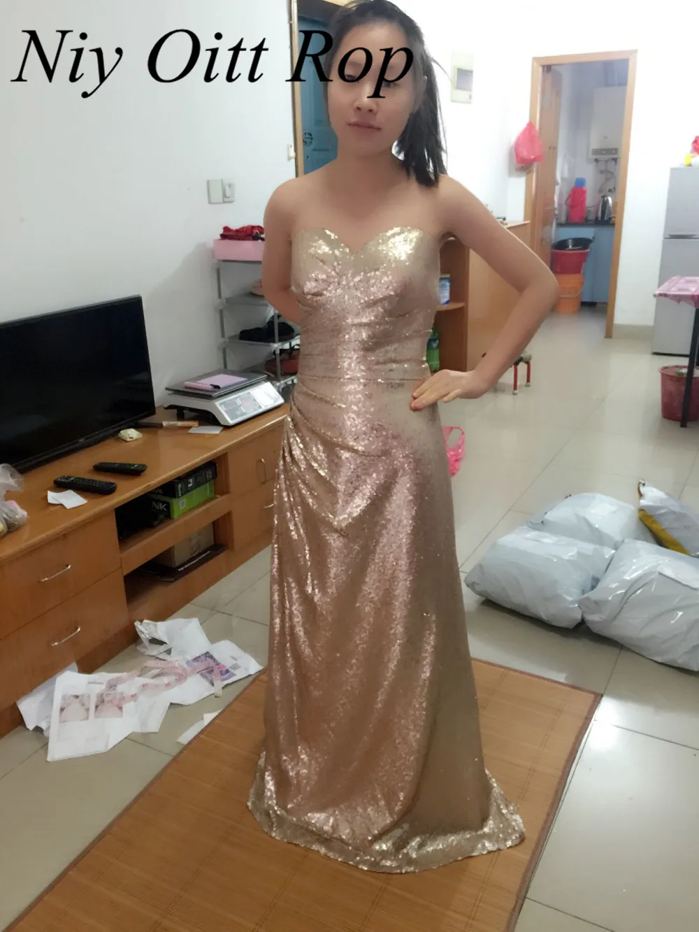 2017 Дешевые Роза Золотые блестки длинные вечерние платья без бретелек Длина Милая