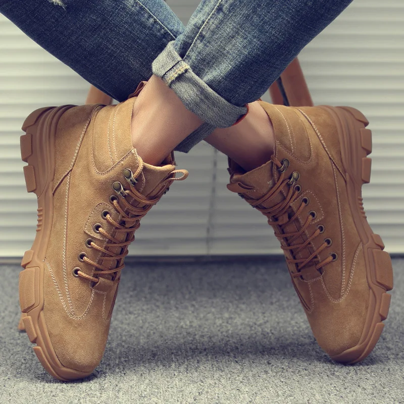 

Мужские ботинки из натуральной кожи, коричневые ботильоны с плюшевой подкладкой, теплая обувь для пустыни, армейские ботинки для зимы и осе...